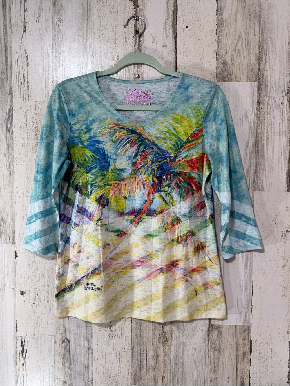 Leoma Lovegood Tropical Palm V-Neck Long Sleeve Tee in Aqua
